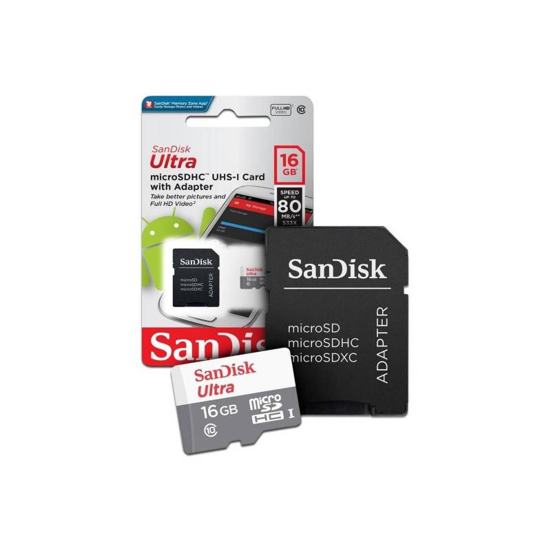 Memoria MicroSDHC 16GB Sandisk con Adaptador